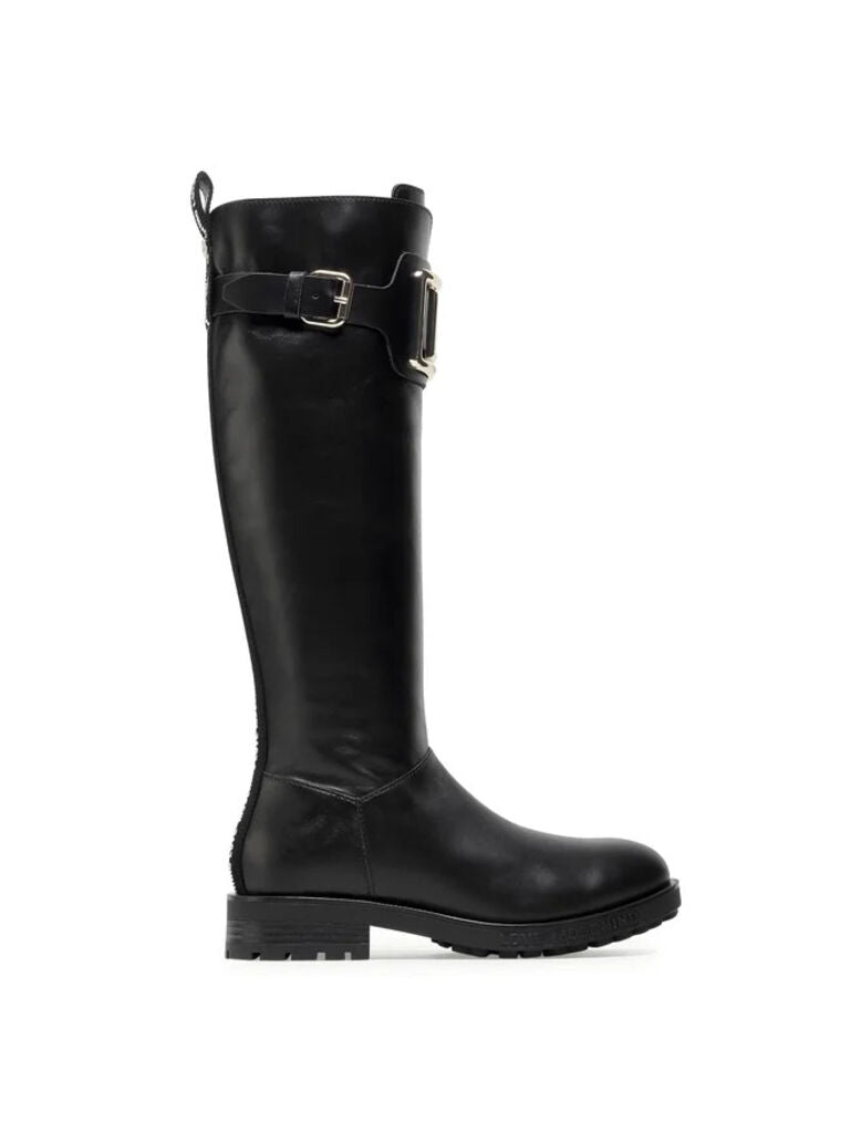 Black Leather Knee-High Boots with Metallic Buckle