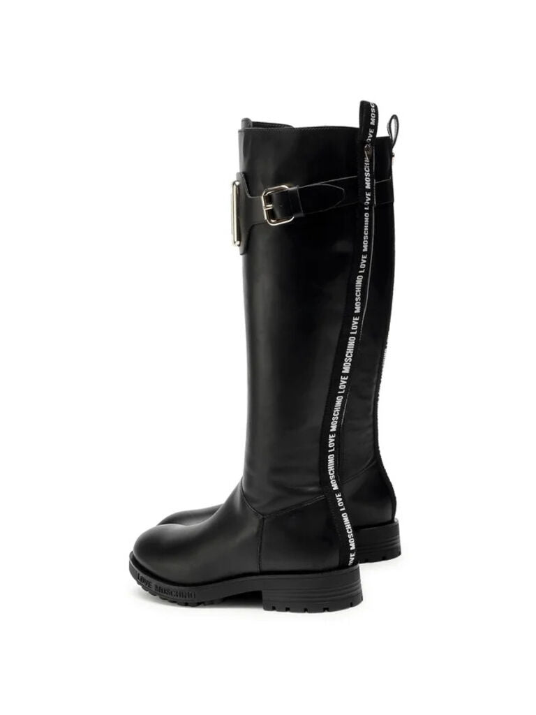 Black Leather Knee-High Boots with Metallic Buckle