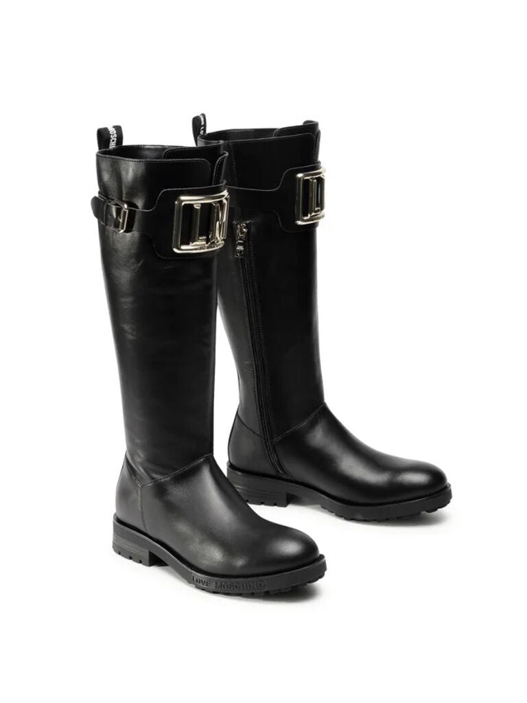 Black Leather Knee-High Boots with Metallic Buckle