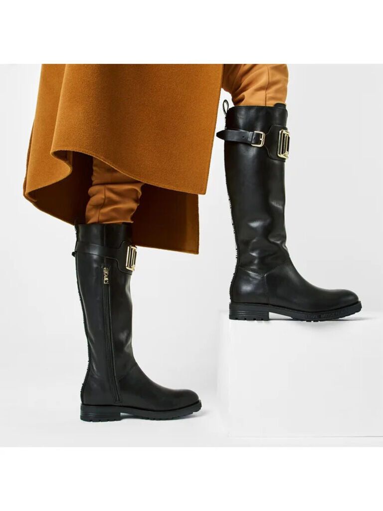 Black Leather Knee-High Boots with Metallic Buckle