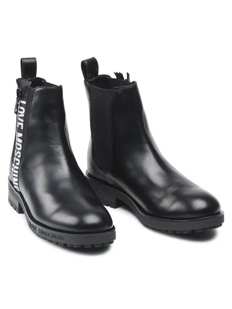 Black Leather Ankle Boots with Logo Detail