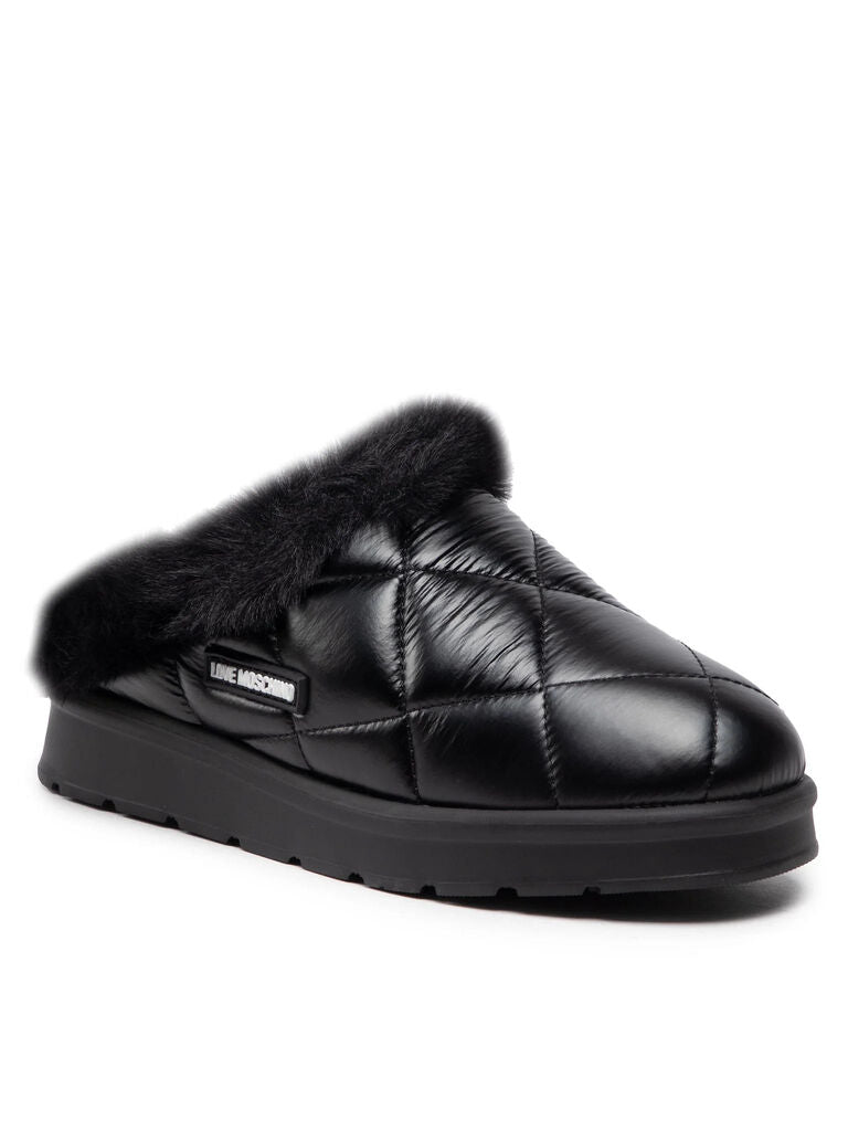 Black Quilted Slip-On Slipper with Faux Fur Trim
