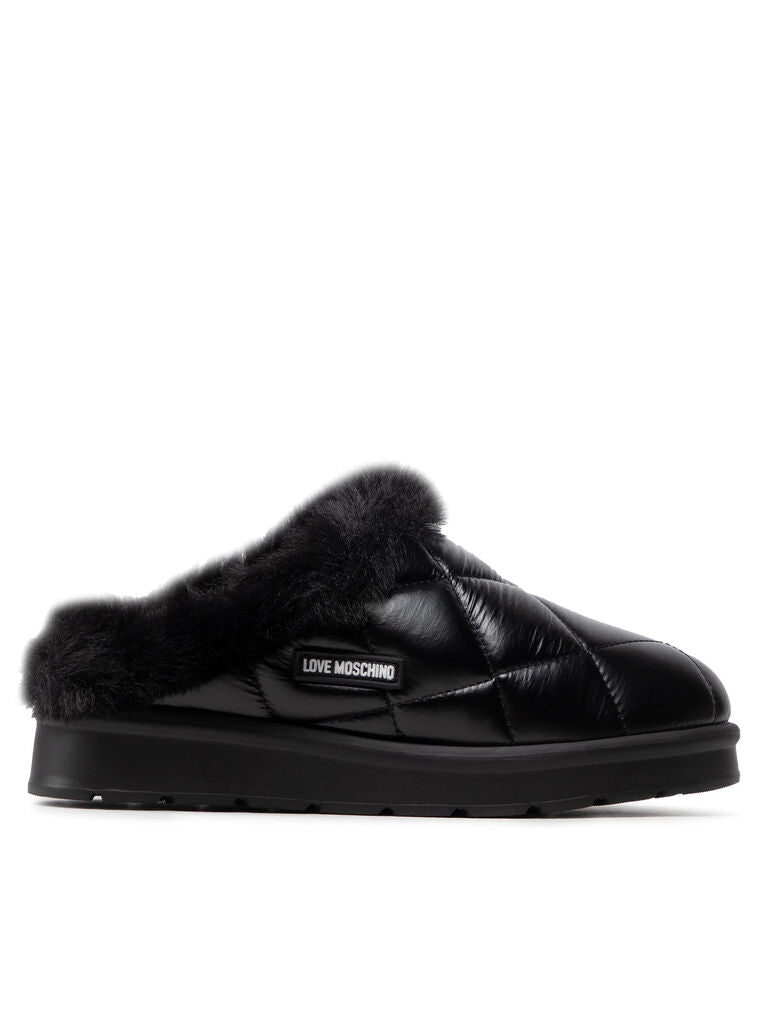 Black Quilted Slip-On Slipper with Faux Fur Trim