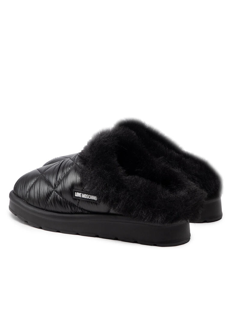 Black Quilted Slip-On Slipper with Faux Fur Trim