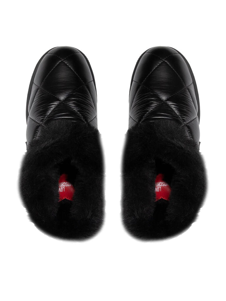 Black Quilted Slip-On Slipper with Faux Fur Trim