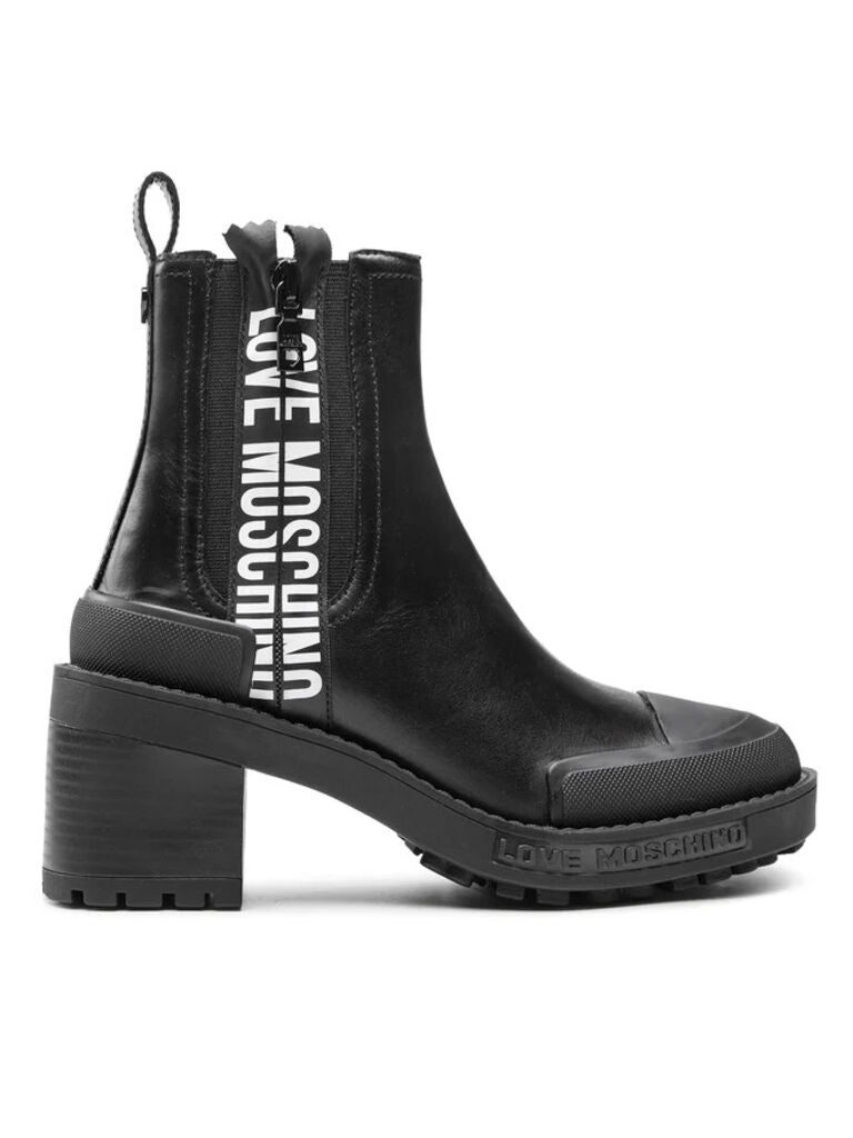 Black Leather Ankle Boot with Chunky Heel