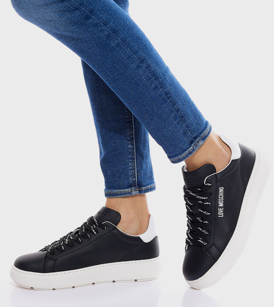 Black Leather Sneakers with Contrast Sole