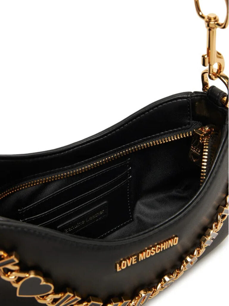 Black Textured Shoulder Bag with Logo Chain