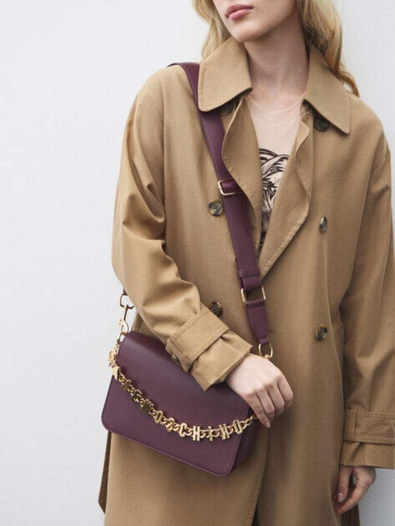 Plum Faux Leather Crossbody Bag with Gold Chain Accent