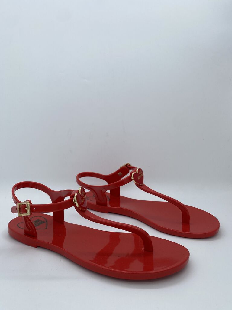 Red Glossy Jelly Sandals with Heart Accents
