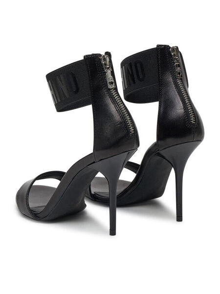 Black Textured Stiletto Sandals with Ankle Strap