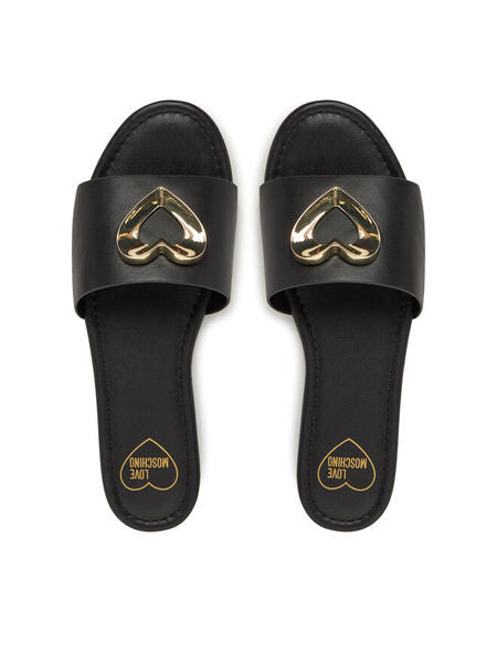 Black Slide Sandal with Gold Buckle Accent