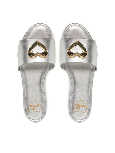 Silver Metallic Slide Sandals with Gold Accent