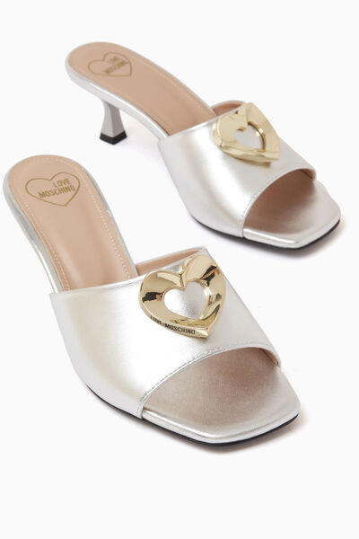 Silver Metallic Heel Sandals with Logo Detail