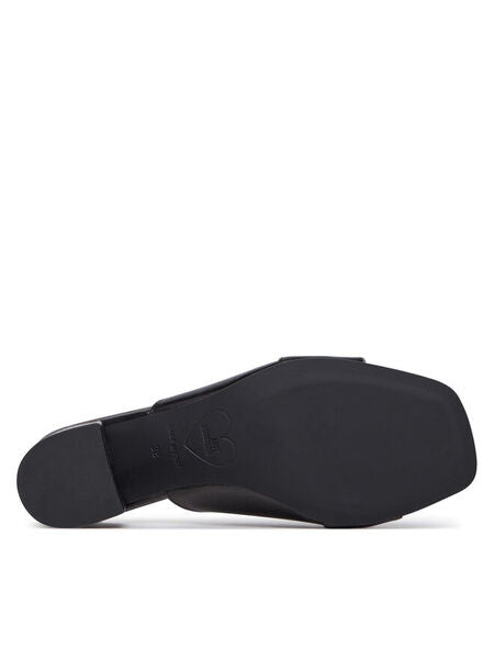 Black Open-Toe Block Heel Slide with Gold Detail