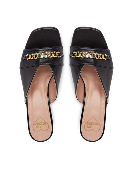 Black Open-Toe Block Heel Slide with Gold Detail