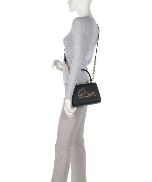 Black Structured Handbag with Logo Detail
