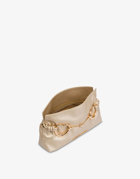 Gold-Tone Satin Clutch with Heart Accents