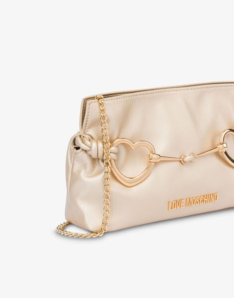 Gold-Tone Satin Clutch with Heart Accents