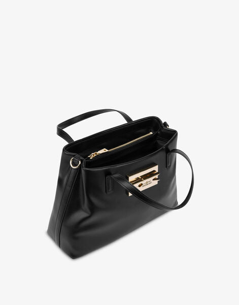 Black Leather Tote Bag with Gold Buckle