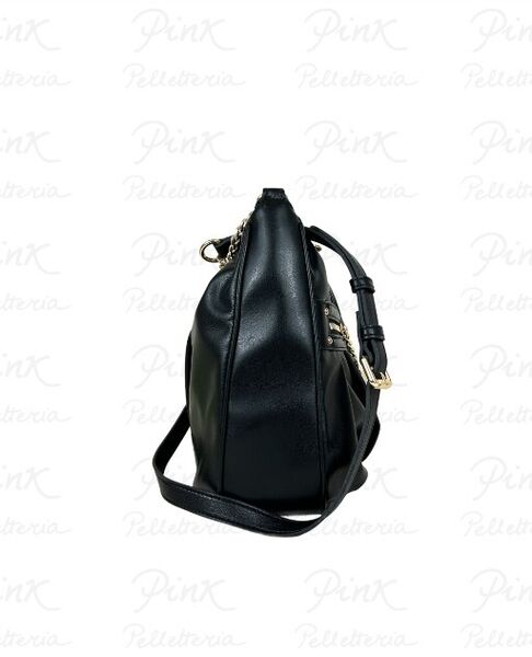 Black Gathered Leather Shoulder Bag with Chain Detail
