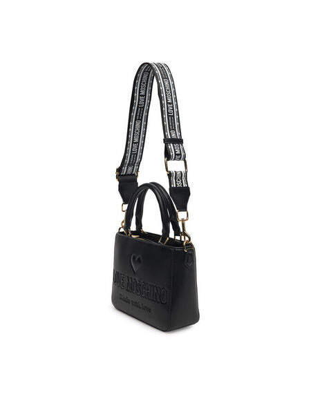 Black Embossed Handbag with Heart Detail