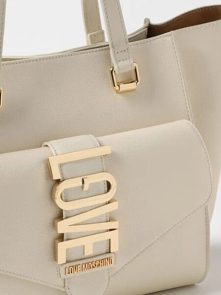 Cream Faux Leather Tote with Logo Accent