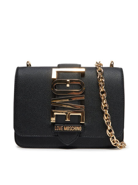 Black Textured Crossbody Bag with Gold Chain
