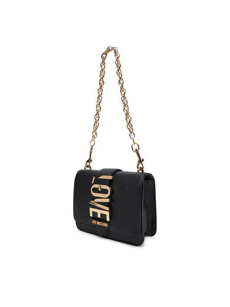 Black Textured Crossbody Bag with Gold Chain