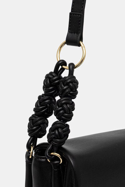 Black Faux Leather Shoulder Bag with Braided Strap