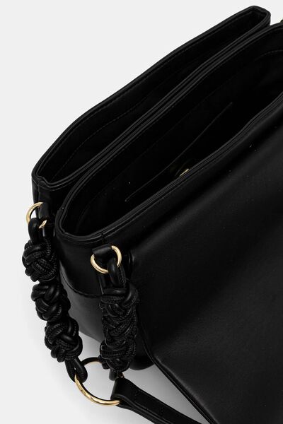 Black Faux Leather Shoulder Bag with Braided Strap