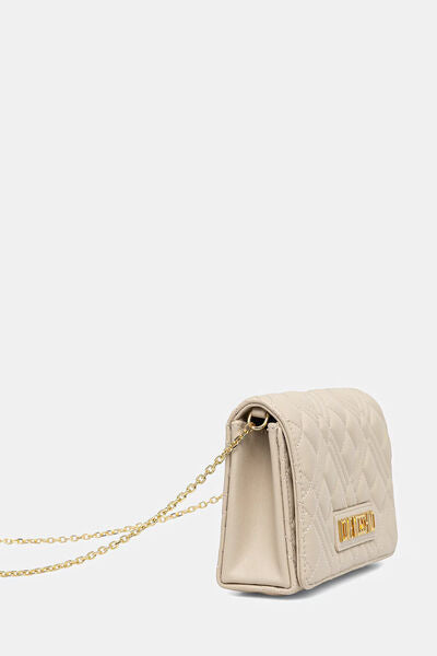 Beige Quilted Crossbody Bag with Gold Chain