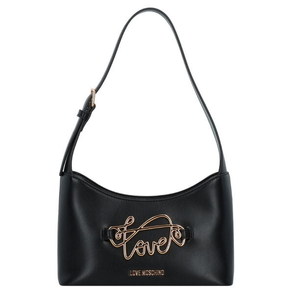 Black Faux Leather Shoulder Bag with Gold Logo Detail