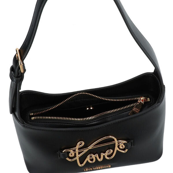 Black Faux Leather Shoulder Bag with Gold Logo Detail