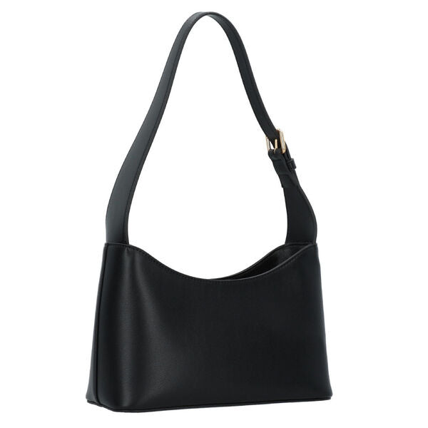 Black Faux Leather Shoulder Bag with Gold Logo Detail