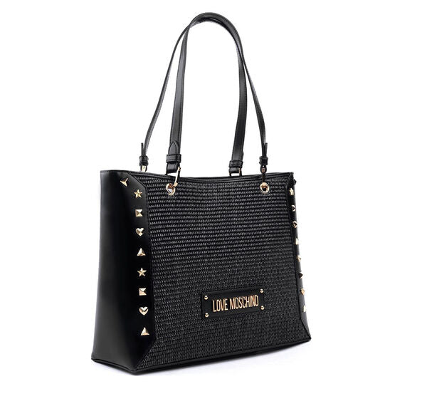 Black Studded Textured Tote Bag