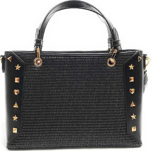 Black Woven Handbag with Studded Accents