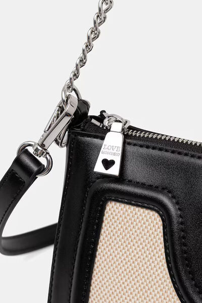 Black and Beige Leather Shoulder Bag with Heart Accent