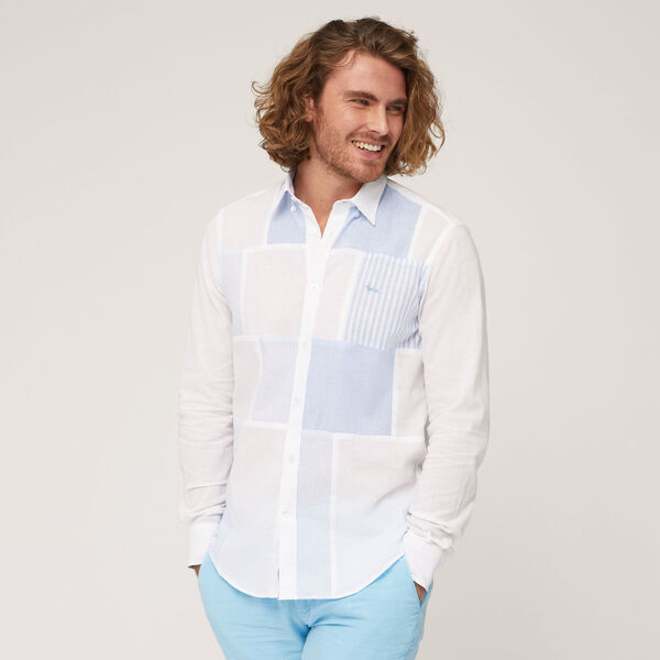 White Linen-Texture Shirt with Patchwork Design
