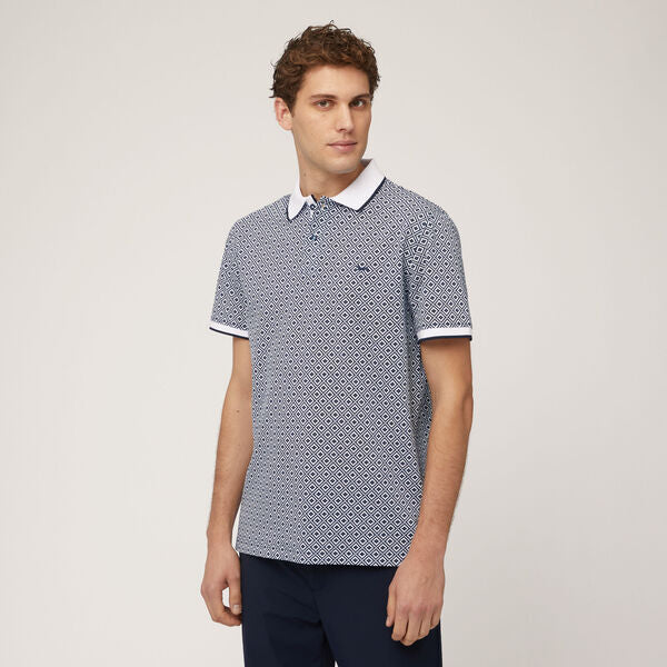 Navy Geometric Pattern Polo with Contrast Collar