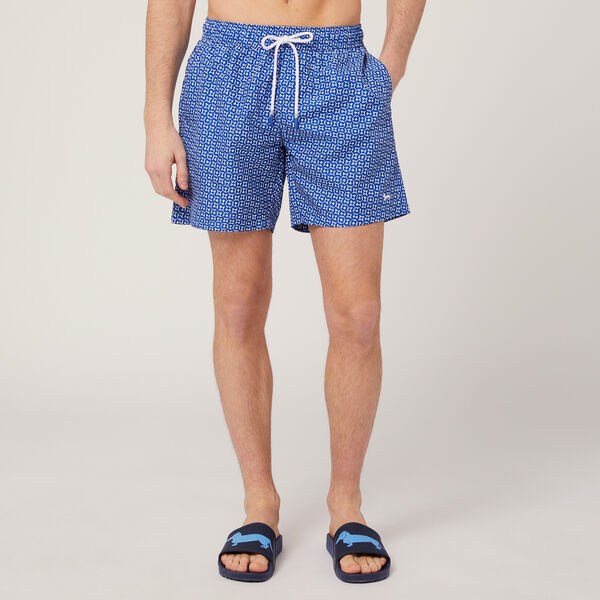 Blue Geometric Swim Shorts with Drawstring