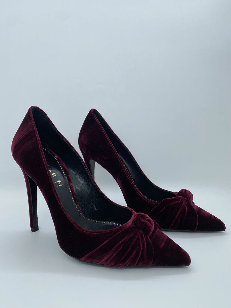 Burgundy Velvet Pumps with Knot Detail
