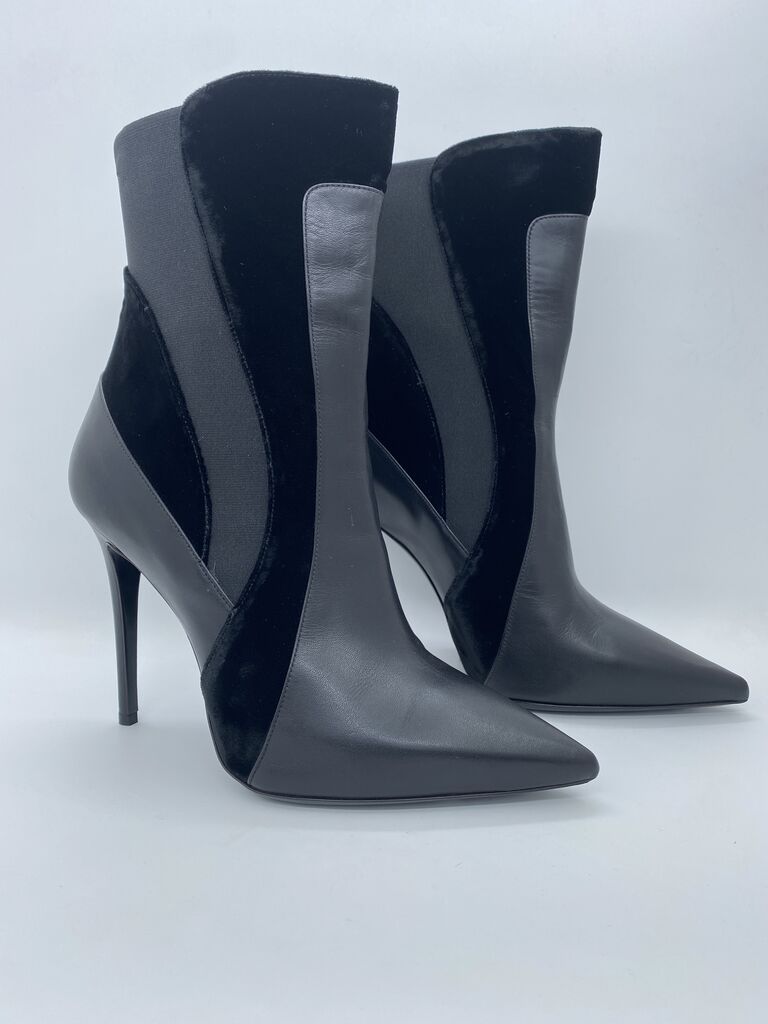 Black Velvet Leather Ankle Boots with Stiletto Heel