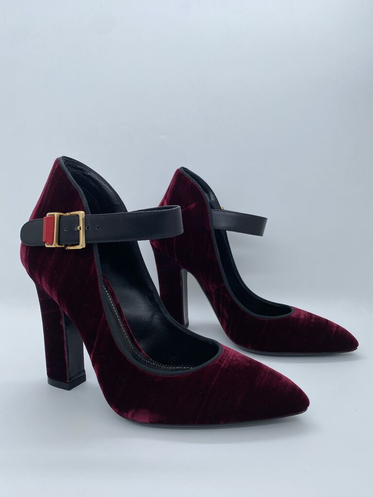 Burgundy Velvet Heels with Buckle Strap