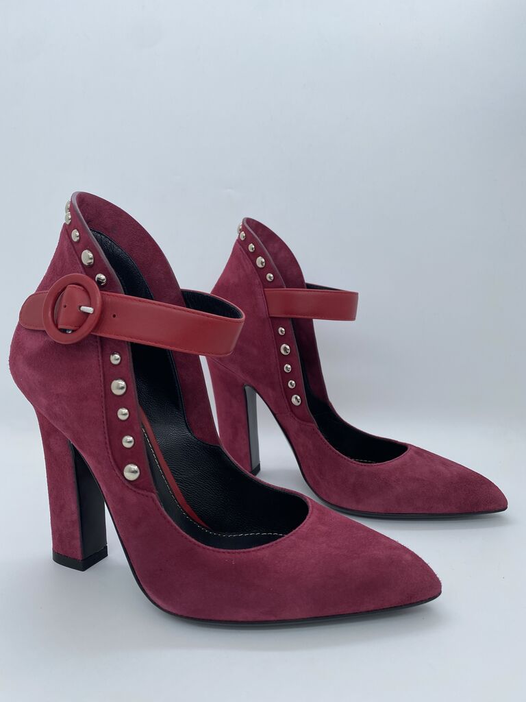 Berry Suede Heels with Studded Strap