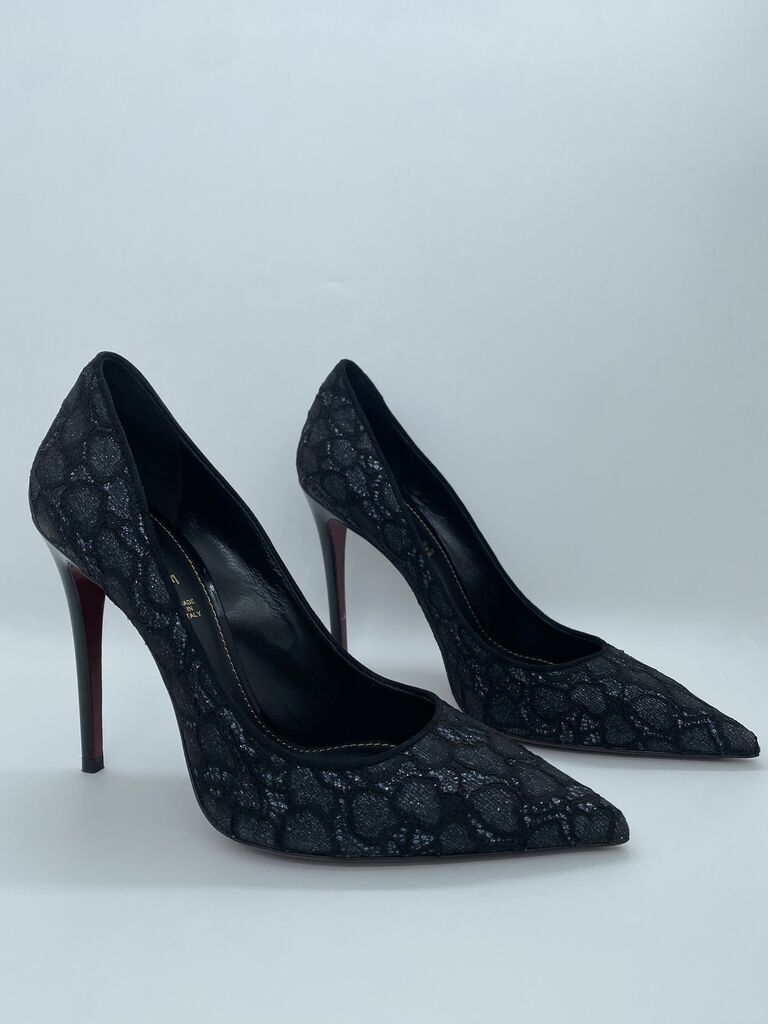 Black Lace Stiletto Heels with Patterned Texture