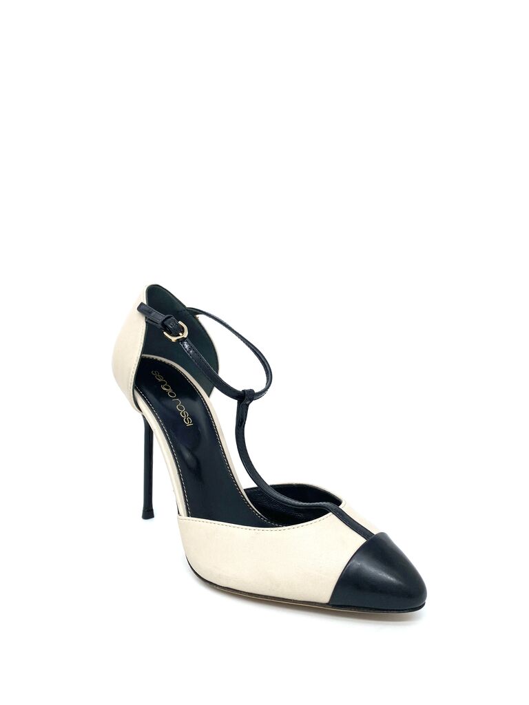 Two-Tone Leather Stiletto Heels with Ankle Strap