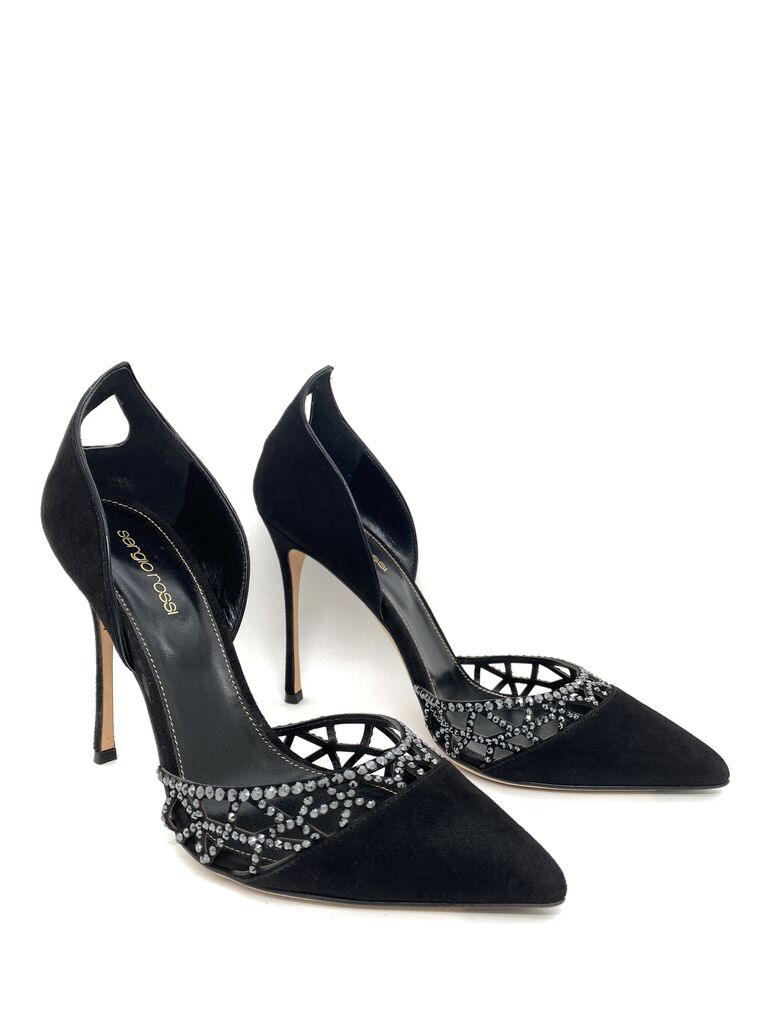 Black Embellished Pointed Heels with Cutout Detail