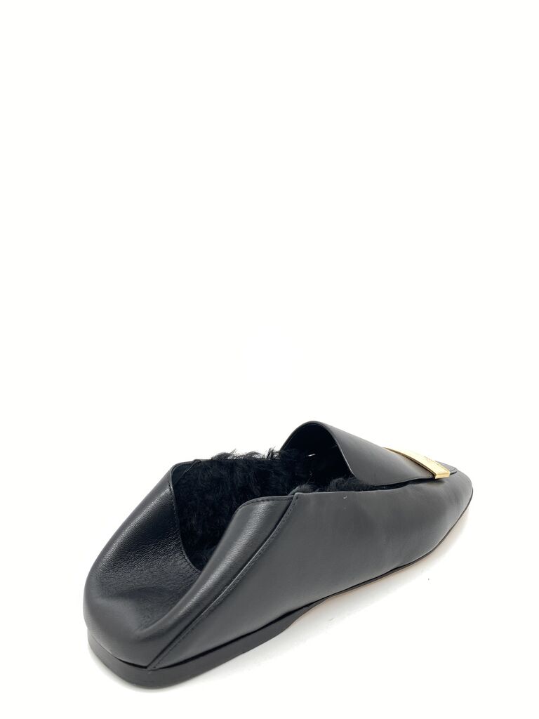 Black Leather Loafers with Gold Accent