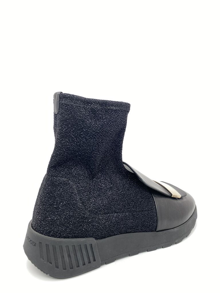 Black Knit Ankle Boot with Strap Accent